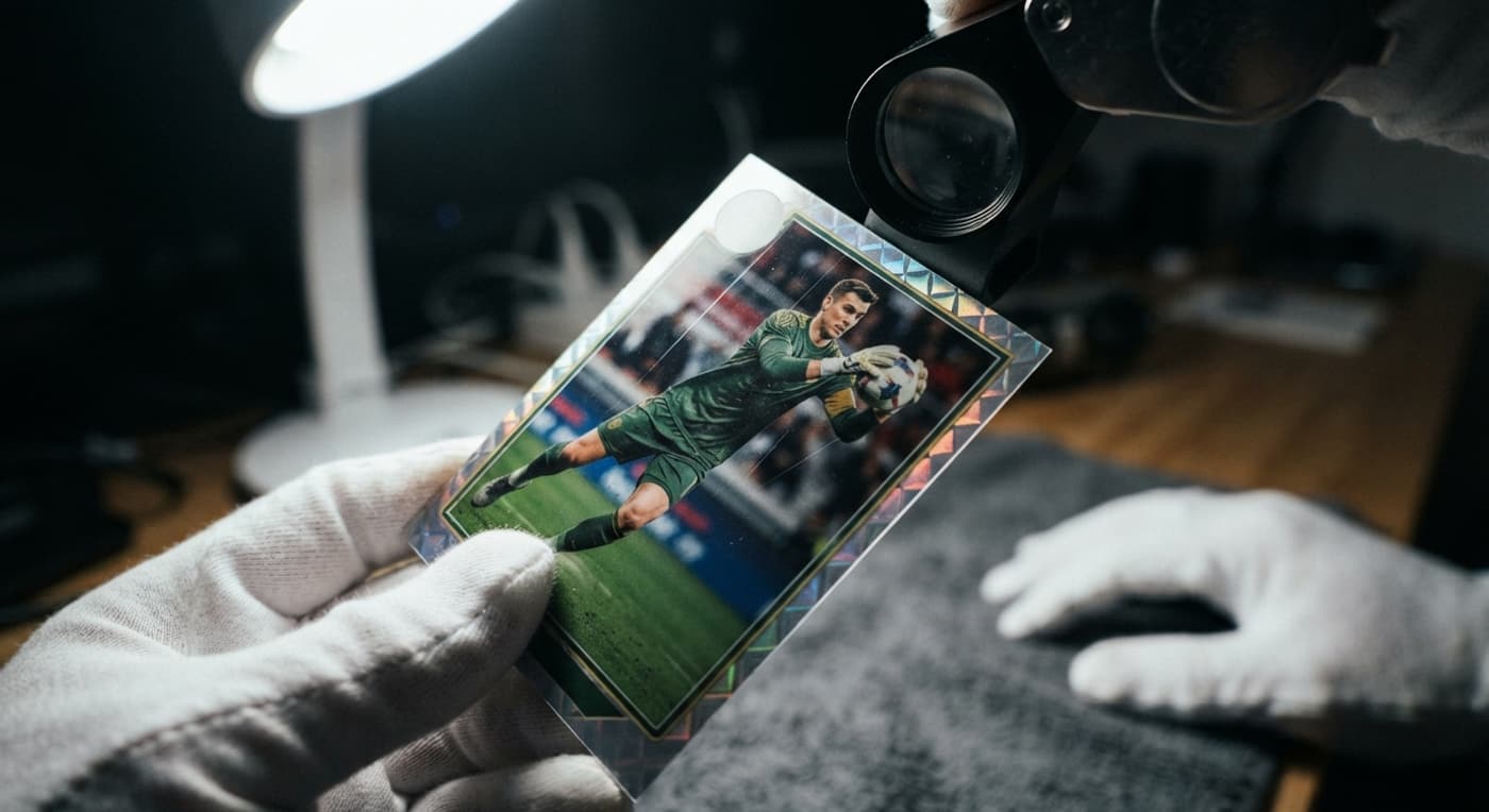 Una mano inclina una carta di calcio sotto una lente e una luce radente per controllare angoli e superficie