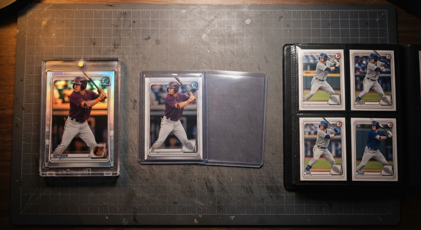 A comparison layout showing a magnetic card case, a rigid toploader, and a side-loading binder page.