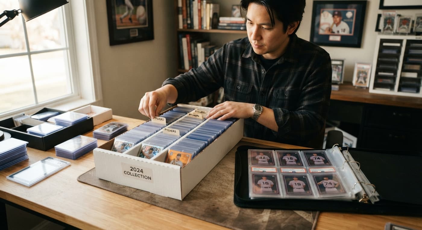 A collector organizes rows of baseball cards in a multi-row storage box next to an open binder.