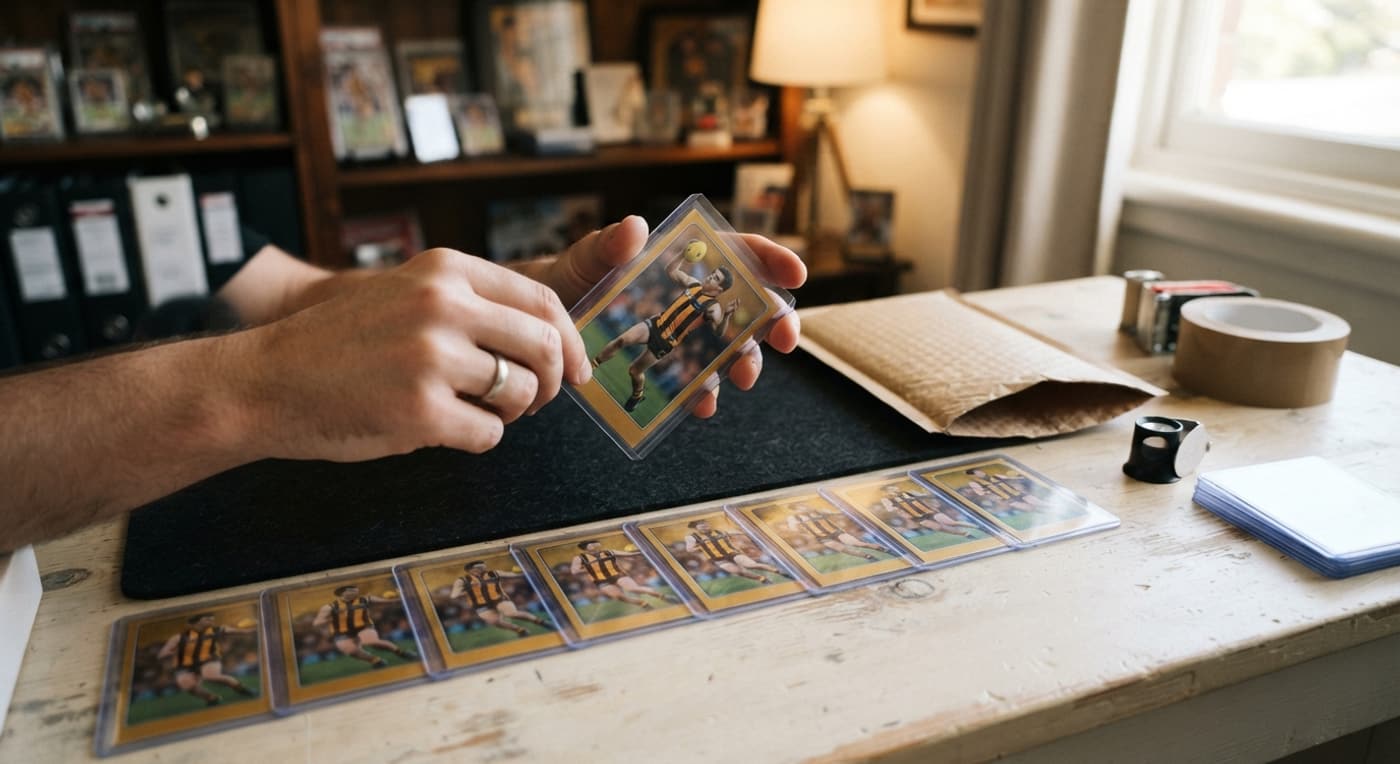 Hands slide footy cards into sleeves and rigid holders beside a padded mailer ready for posting.