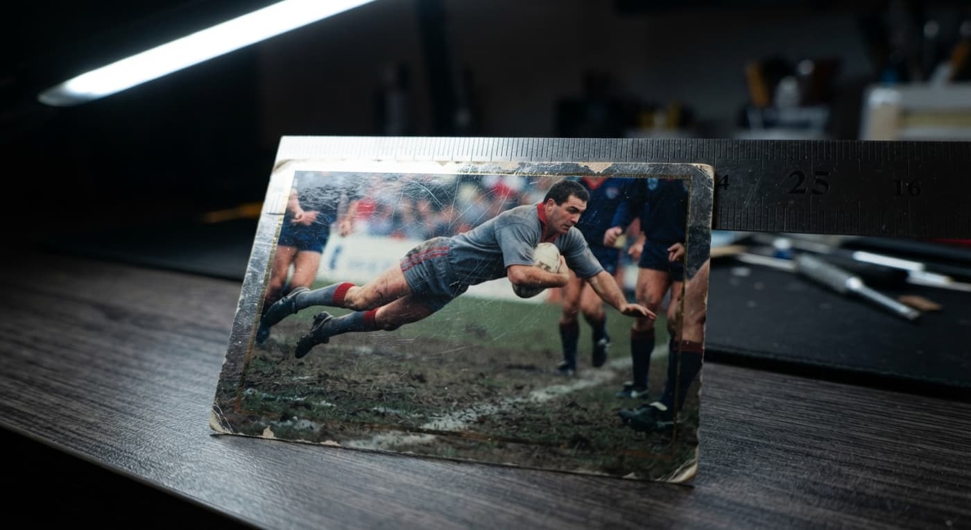 A close-up of a ruler measuring the uneven borders and surface scratches on a sports card.