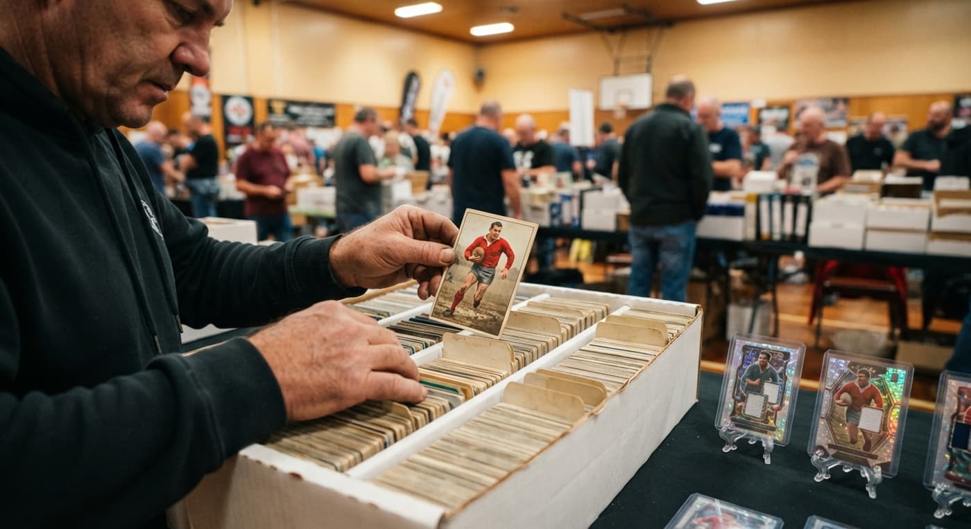 A collector browsing through classic rugby league cards in a long box at a card show.