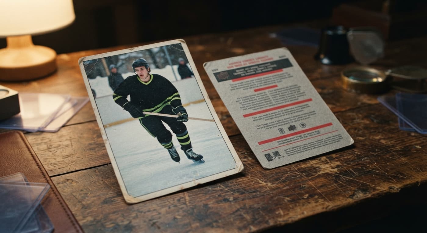 Two vintage 1990 hockey cards showing the full front image alongside the card back with bilingual text.