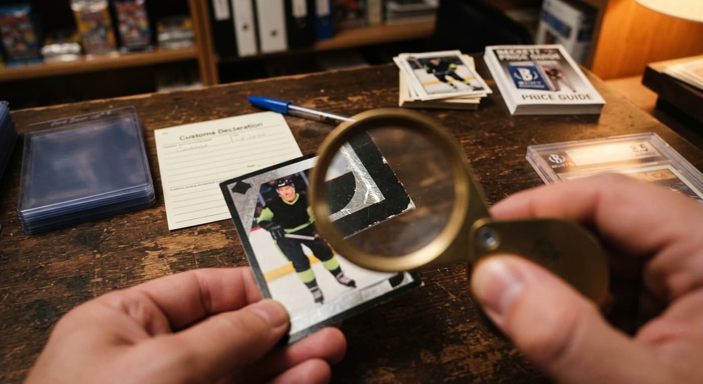 A jeweller's loupe inspecting the magnified corner of a vintage sports card on a preparation desk.