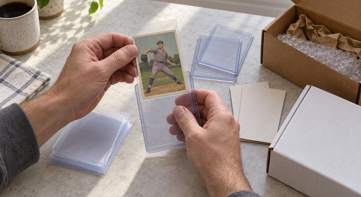 Hands slide a sleeved vintage baseball card into a rigid holder beside packing supplies.