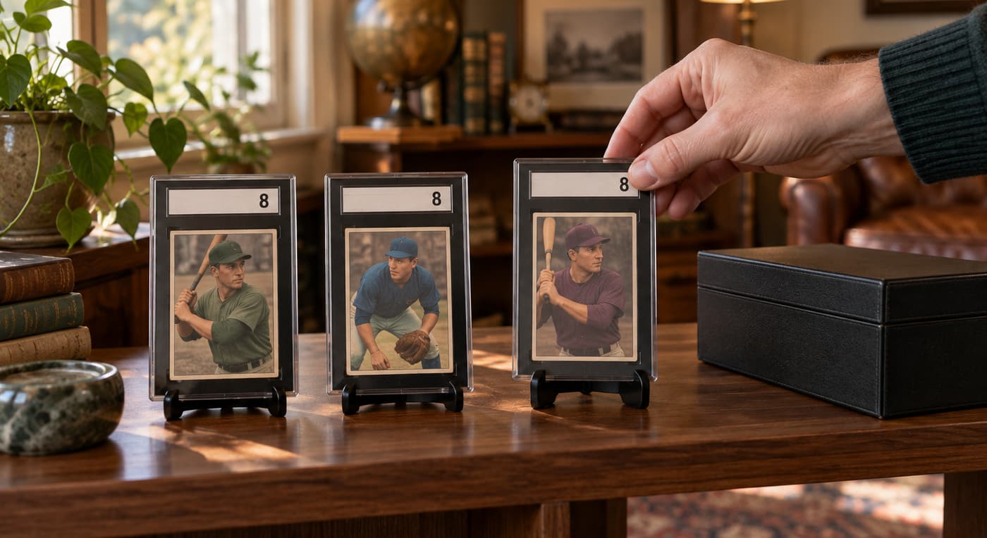 A collector arranges black-framed vintage baseball slabs on a wooden display shelf.