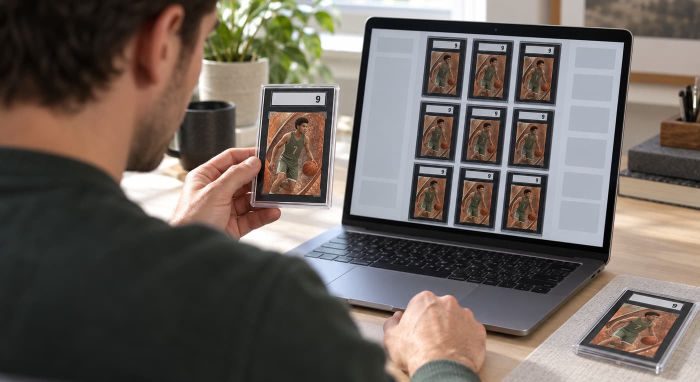 A collector compares a graded basketball card with matching slab images on a laptop.