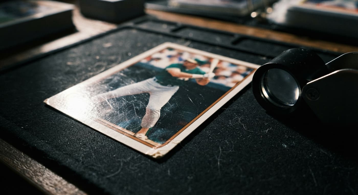 A close-up view of a damaged baseball card corner next to an inspection loupe.