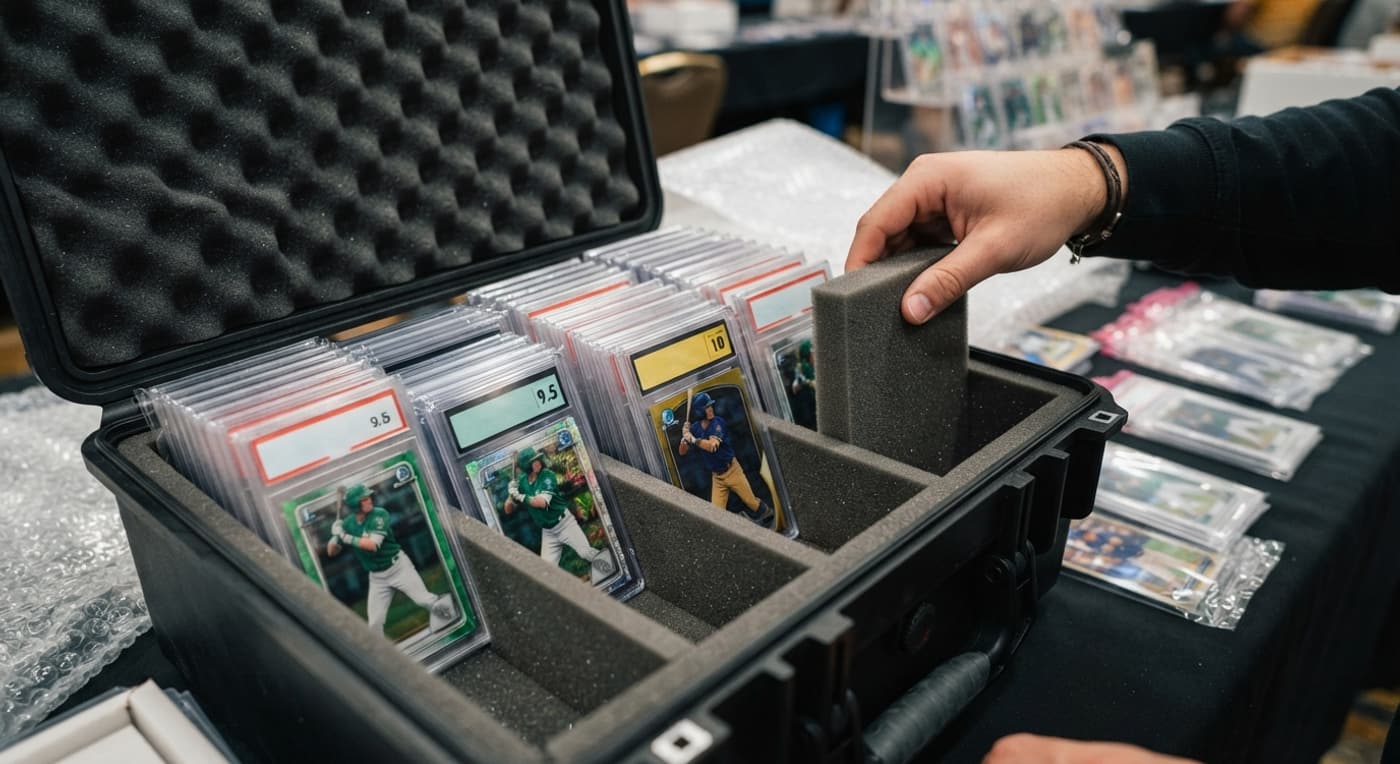 Graded baseball cards arranged in a heavy-duty foam-lined protective travel case.
