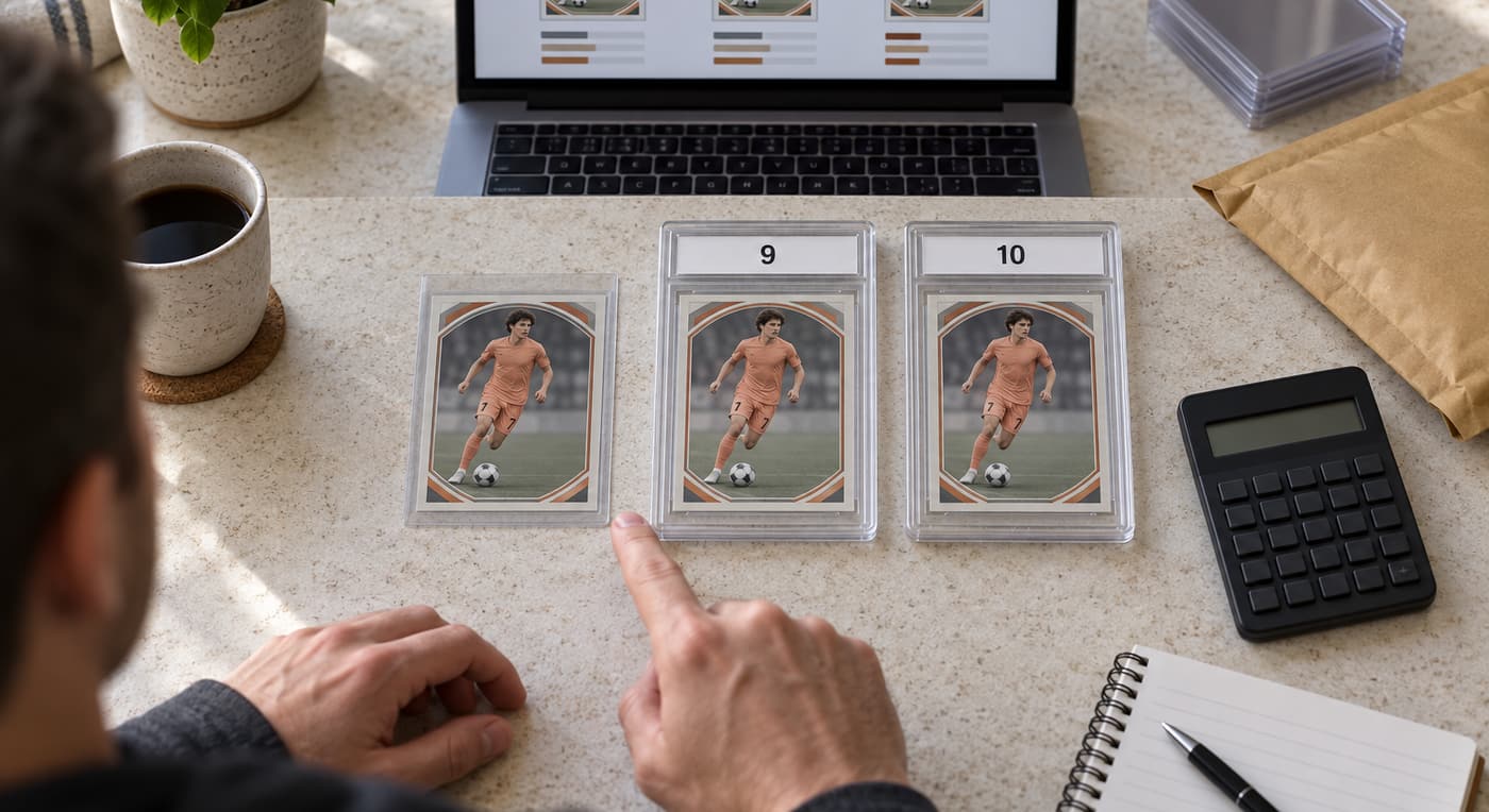 Raw and graded soccer cards sit beside a laptop and calculator for comparison.