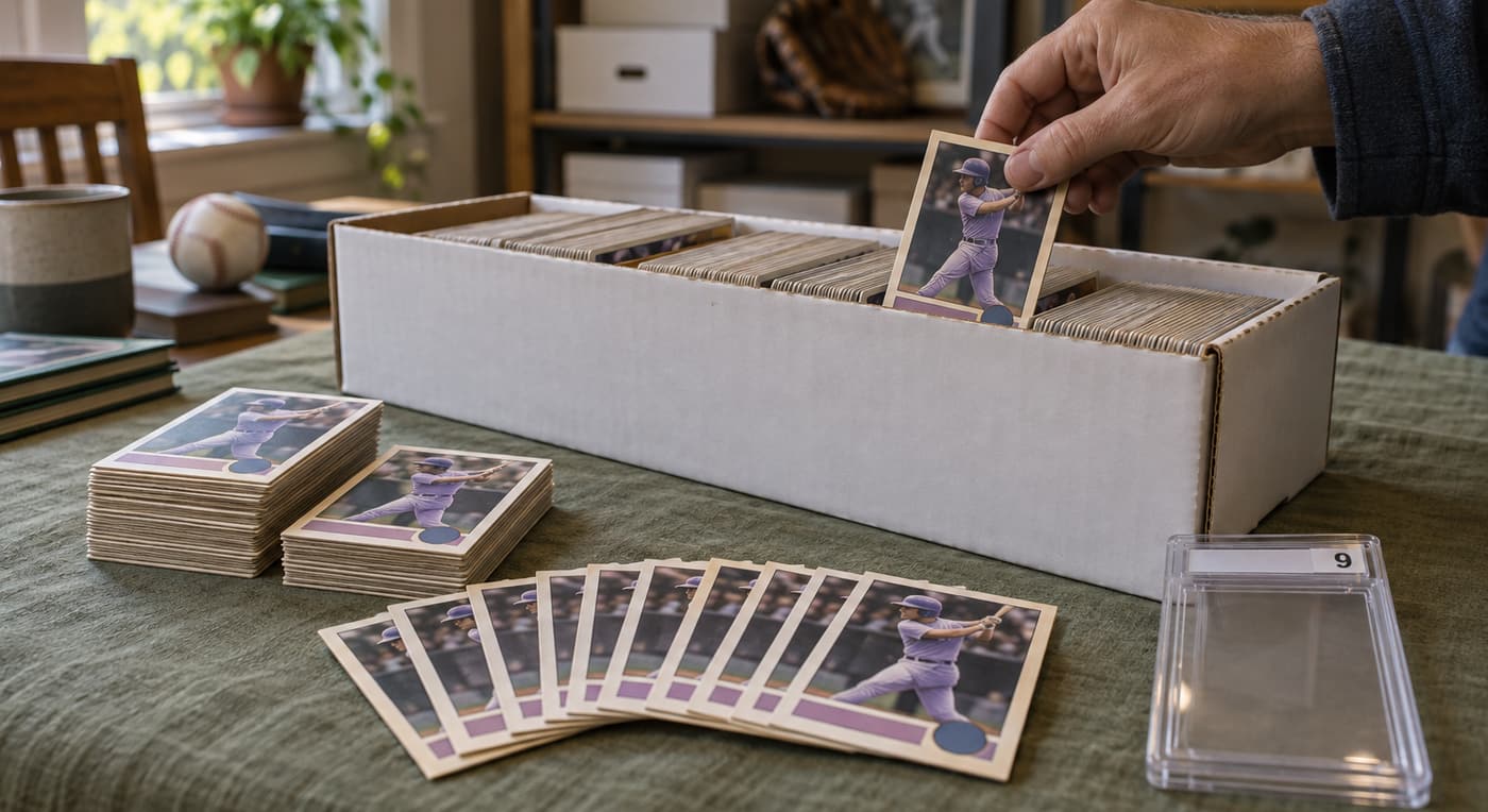 A collector returns a duplicate baseball card to a bulk storage box beside stacks of common cards.