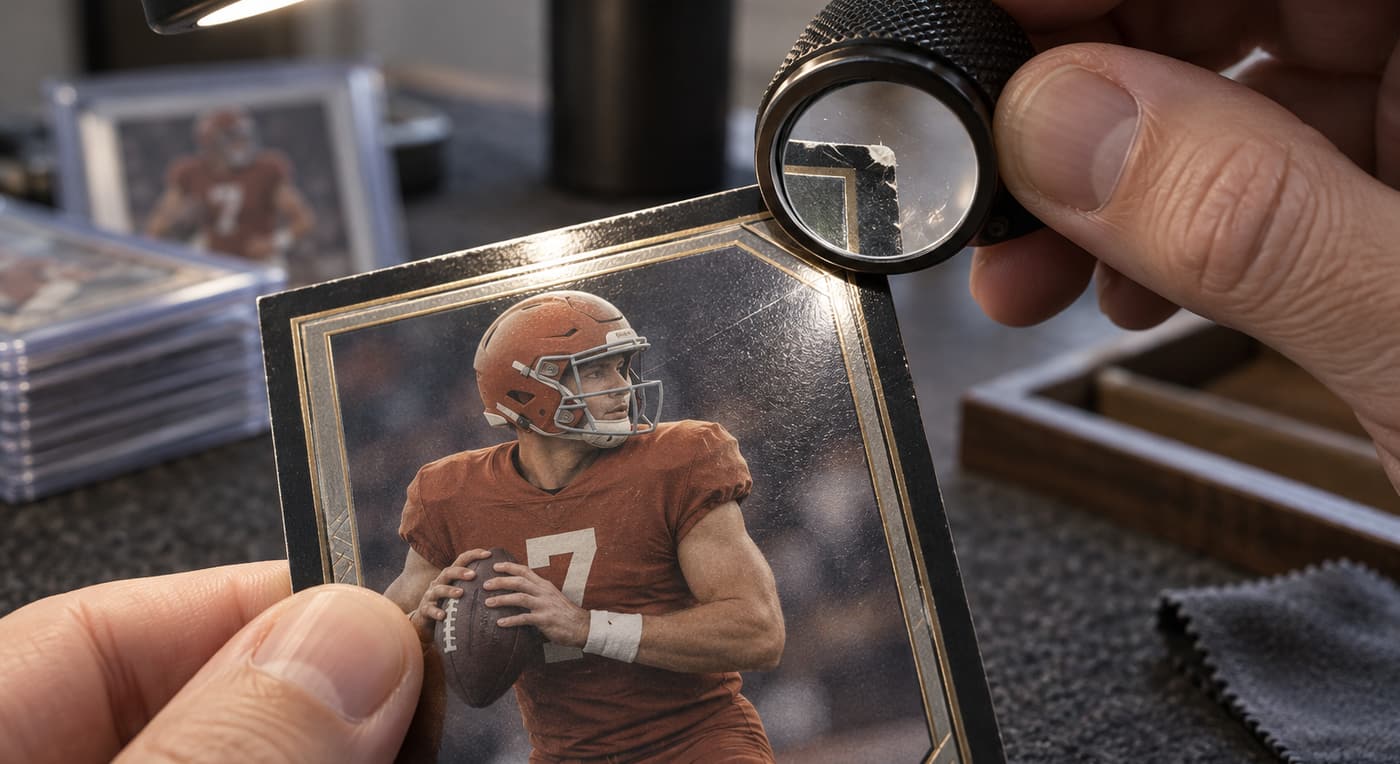 A collector uses a loupe and desk lamp to inspect a chipped corner on a football card.