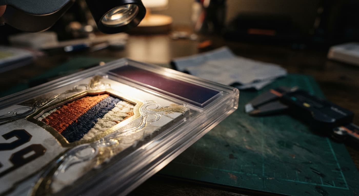 A close-up examination of the thick corner and fabric patch on a modern hockey rookie card.