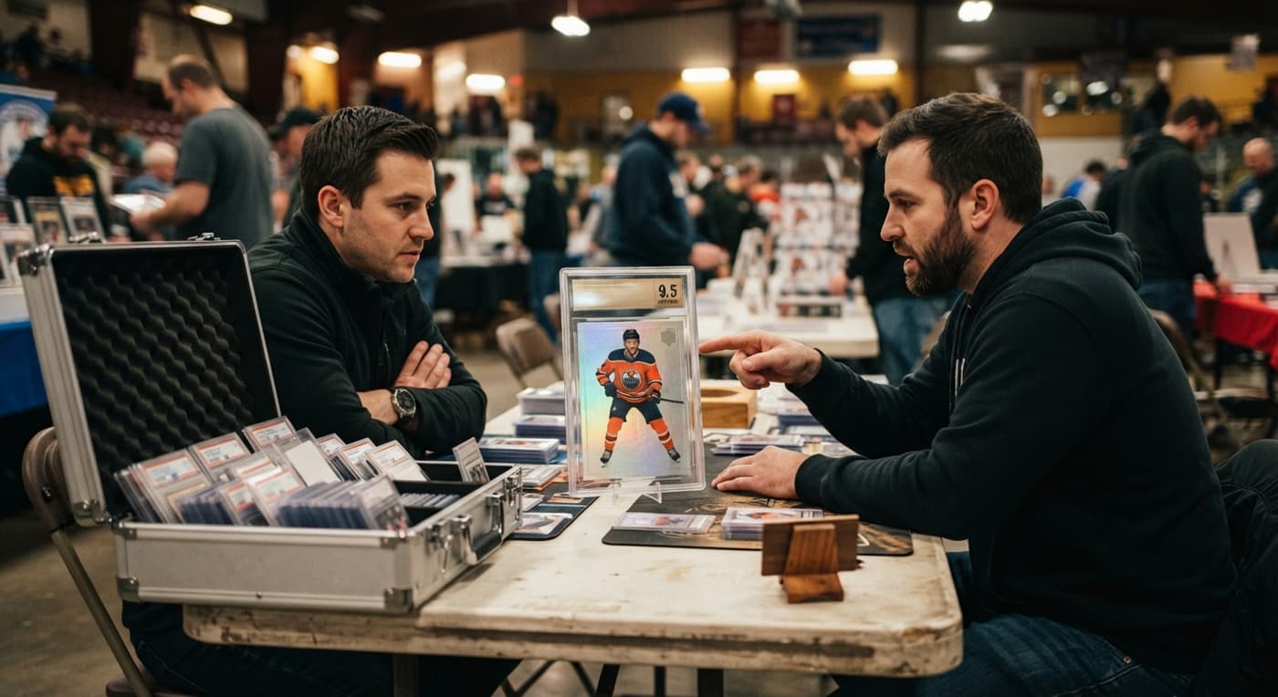 Collectors negotiate a trade over a prominent graded rookie hockey card at a busy card show.