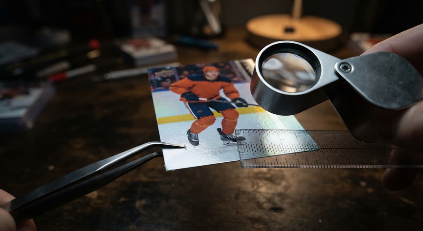 A loupe and ruler inspect the corner and border of a hockey card under a bright lamp.