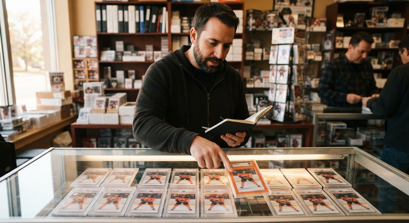 A collector points at a graded hockey card in a shop display case while holding a notebook.