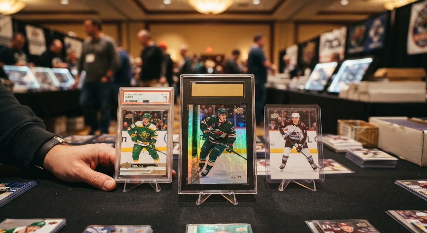 Three hockey cards stand in stands on a show table, showing a rookie, a numbered parallel and a base card.