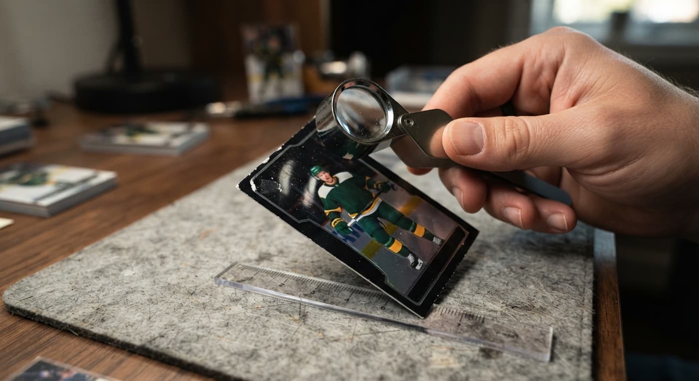 A loupe magnifies a chipped corner on a dark-bordered hockey card beside a clear ruler.