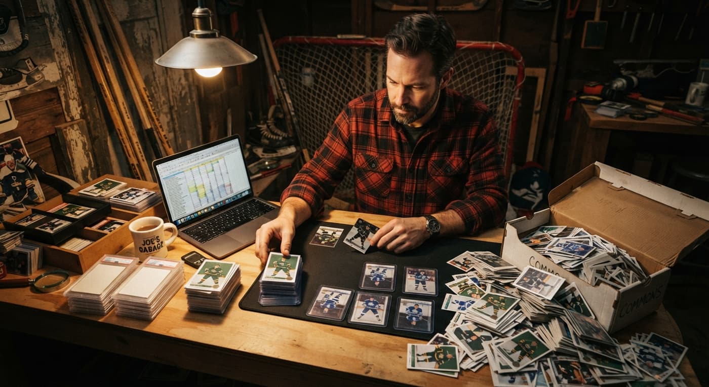 A collector sorts a large box of hockey cards into separate piles on a garage workbench.