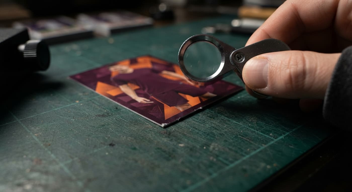 A jeweller's loupe magnifies the delicate corner and edge flaws on a collectible soccer card.