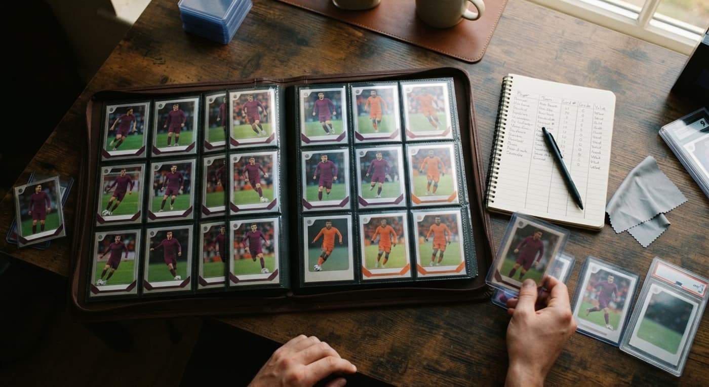 A sports card binder, notebook log, and supplies neatly arranged on a wooden desk.