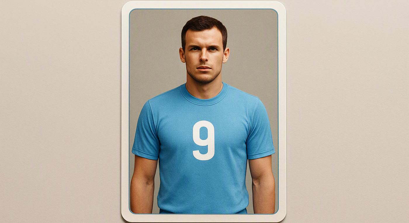a single trading card lying face up on a plain desk under even light, shot straight down