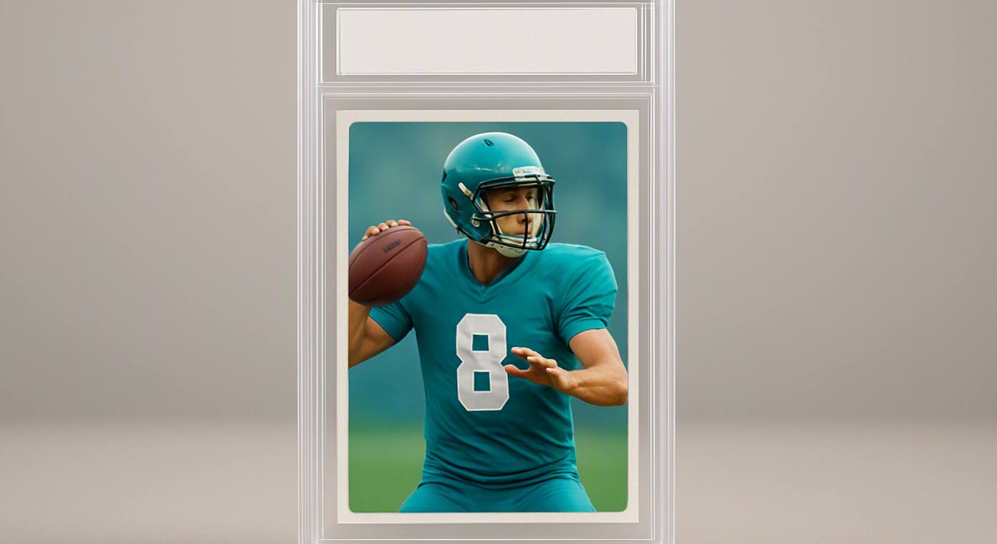 a graded trading card sealed in its clear acrylic slab, standing upright on a plain surface