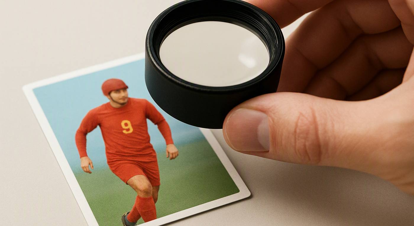 a magnifying loupe held over the corner of a trading card, the corner sharp beneath it