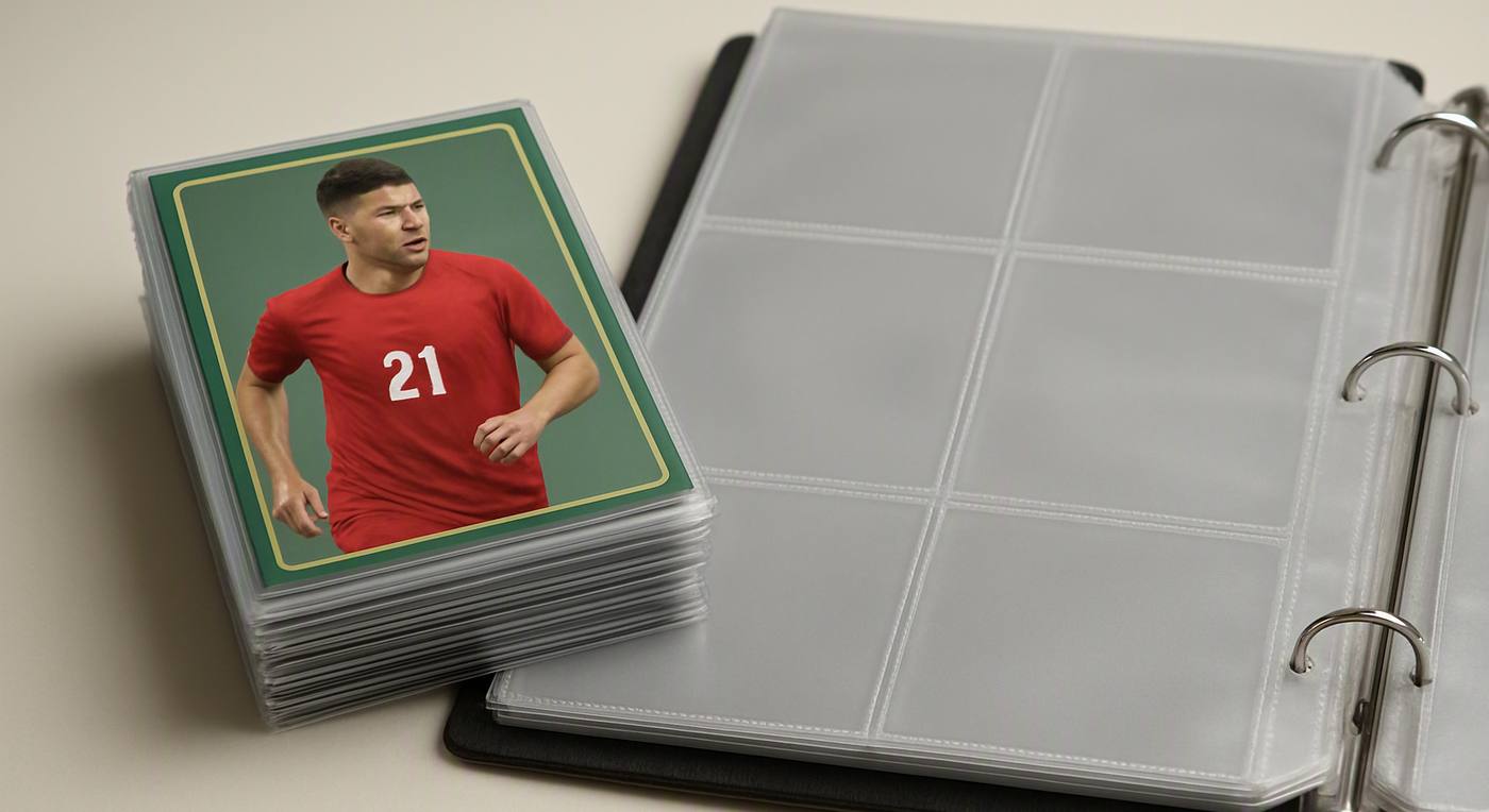 a small stack of trading cards in clear sleeves beside an open binder page with empty pockets