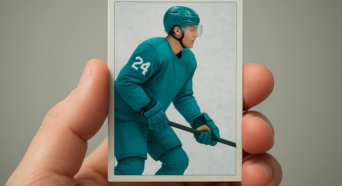 a trading card held edge on between two fingers against a plain out-of-focus background