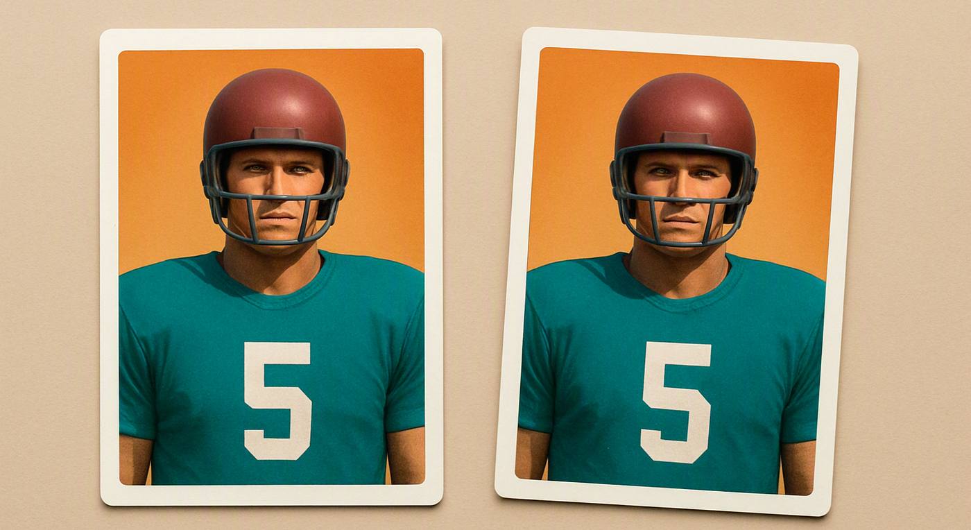 two trading cards laid side by side on a plain mat, one straight and one visibly off centre
