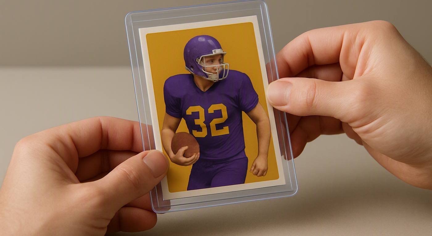 a trading card being slid into a rigid toploader, held above a plain table