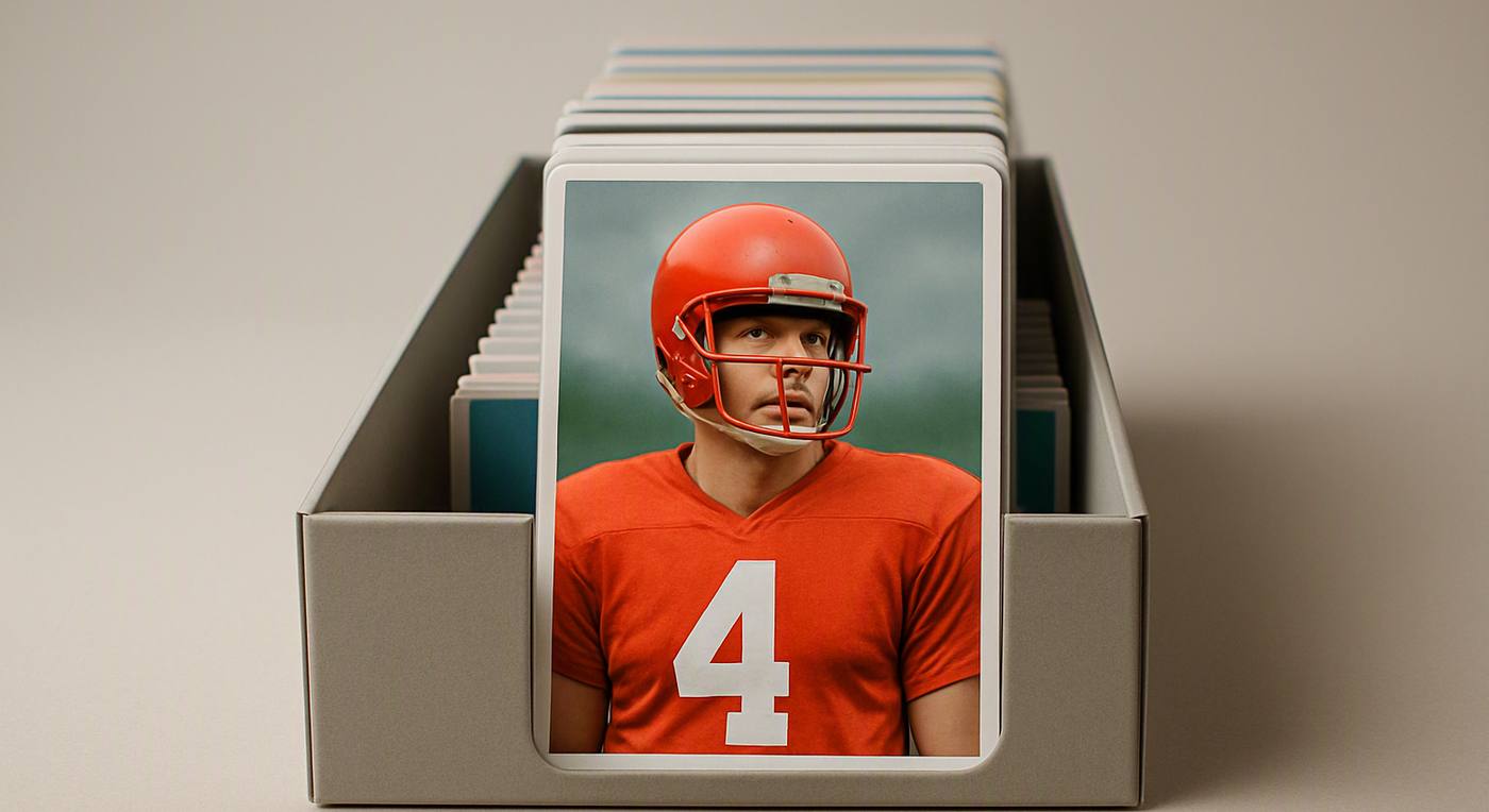 a shallow storage box of trading cards standing on end, dividers between them, lid off