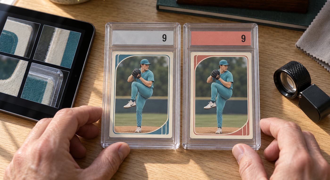 Two slabbed baseball cards sit beside a tablet showing corner details and a loupe.