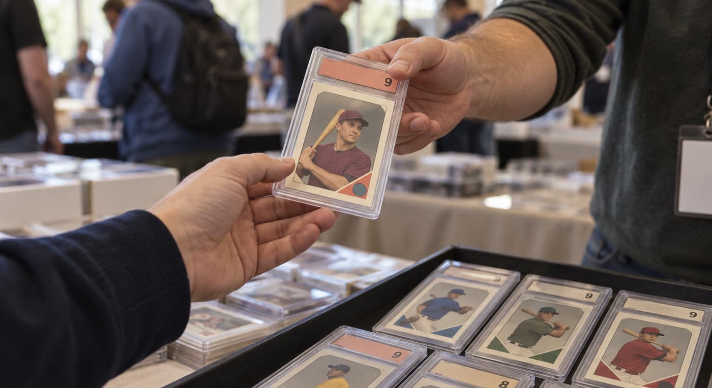 A buyer receives a graded baseball card from a dealer across a card-show display table.