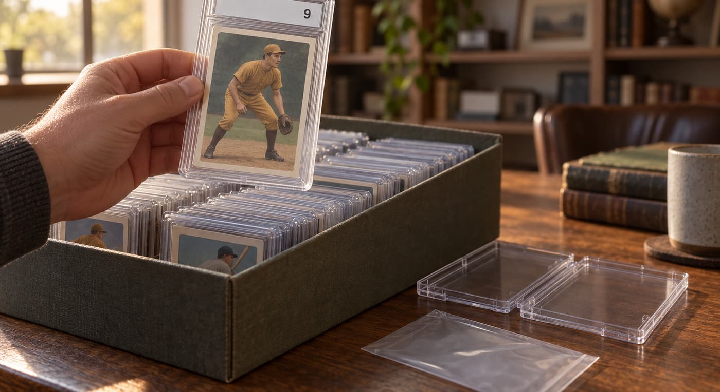 A collector holds a graded baseball card above a storage box beside an open empty holder.