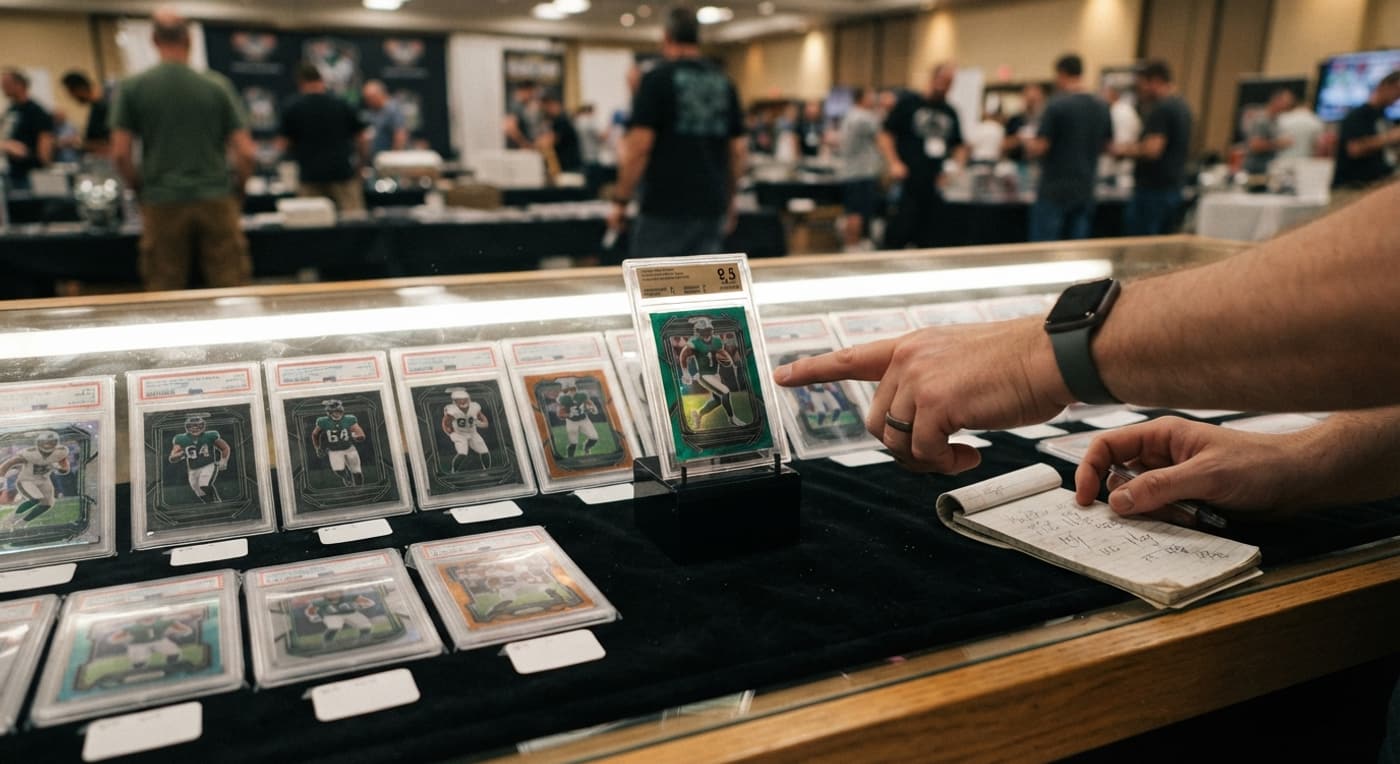 A dealer's glass case with a row of graded cards in slabs on velvet, priced for comparison.