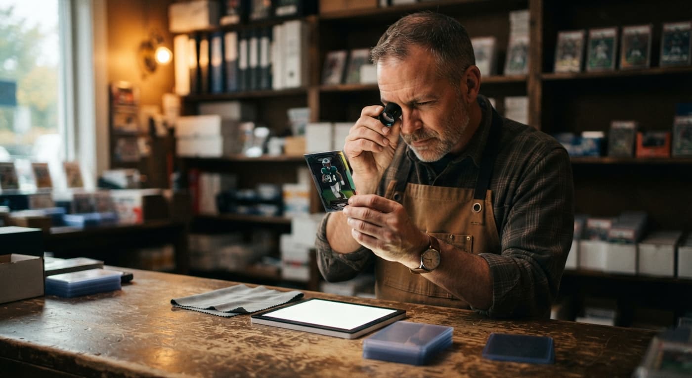 A shop owner examining a raw football card with a loupe at a counter lit by a small lamp.