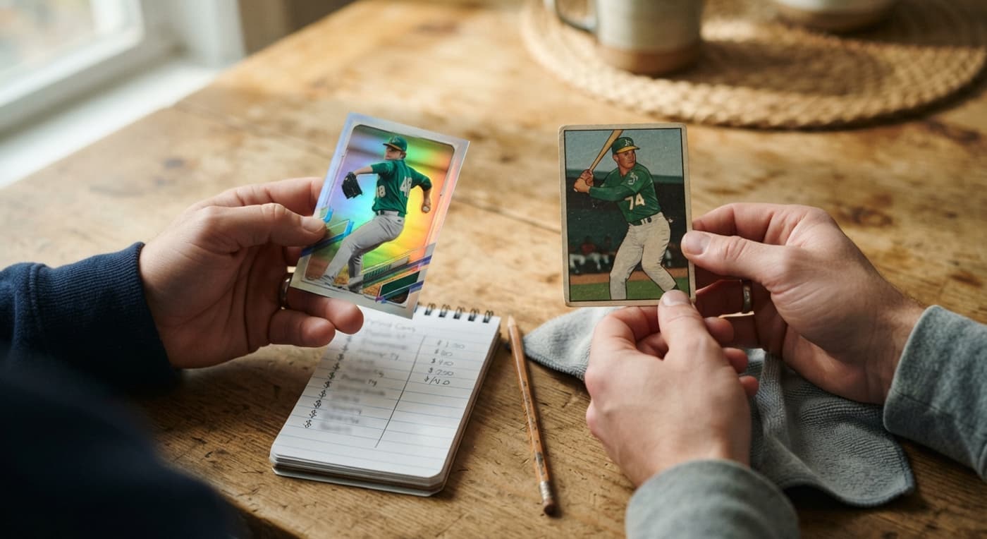 Two hands holding a shiny chrome baseball card and a matte cardboard one side by side for comparison.