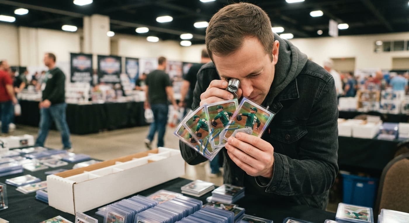 A shopper at a card show table inspecting three similar baseball cards with a loupe.