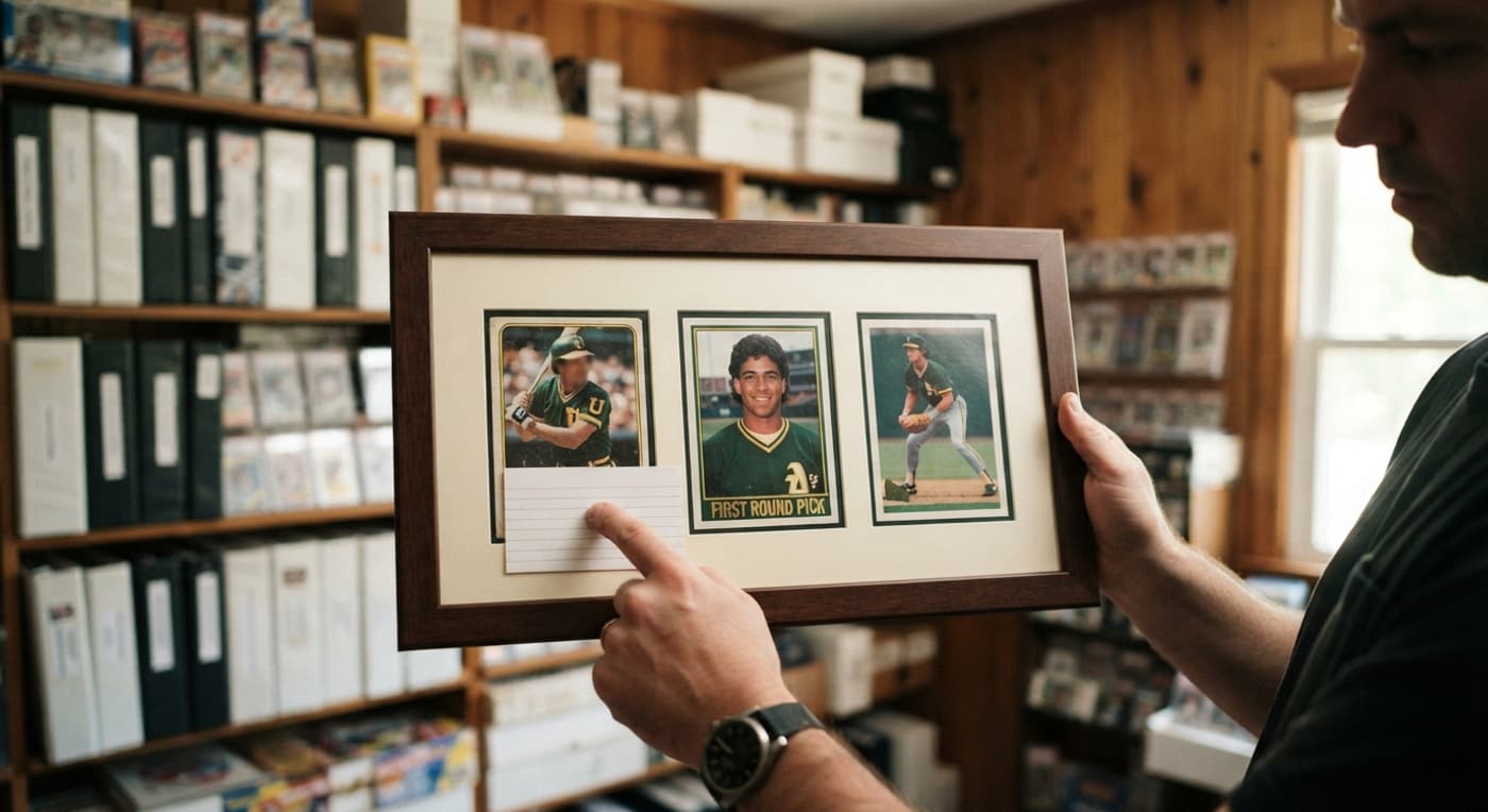 A collector points at a college-uniform baseball card beside a pro rookie card on a framed display wall.
