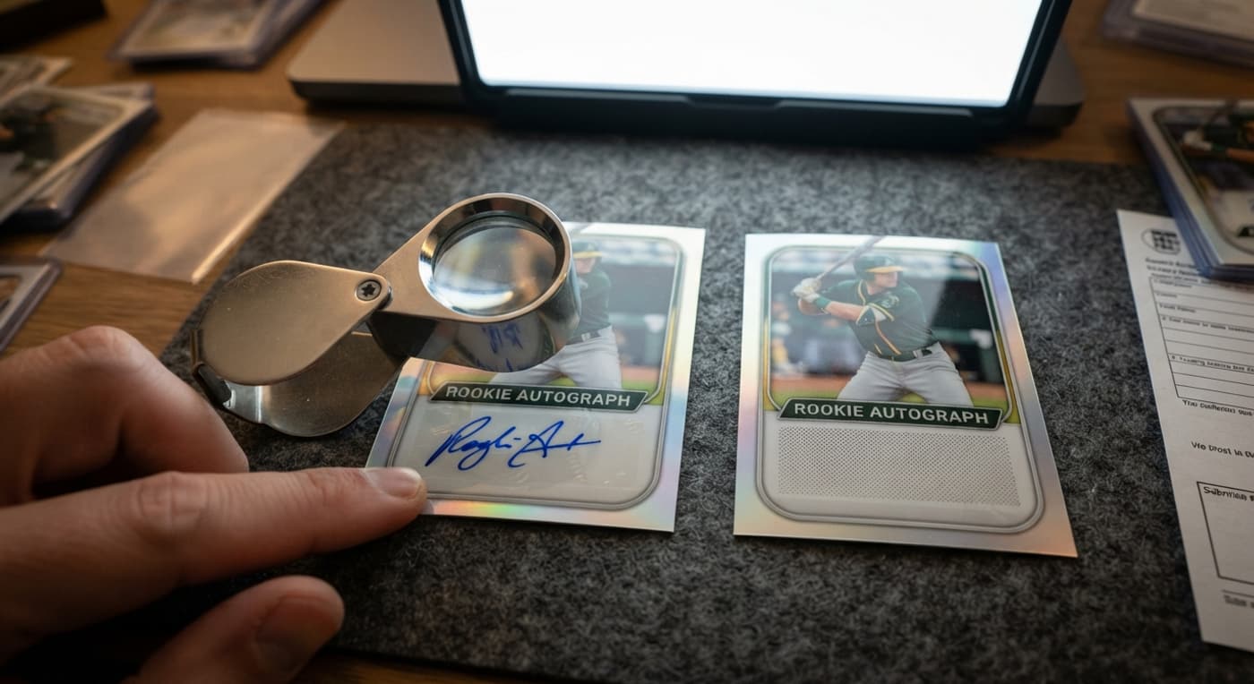 A loupe magnifies a card signature next to a second card to compare real ink with printed dots.