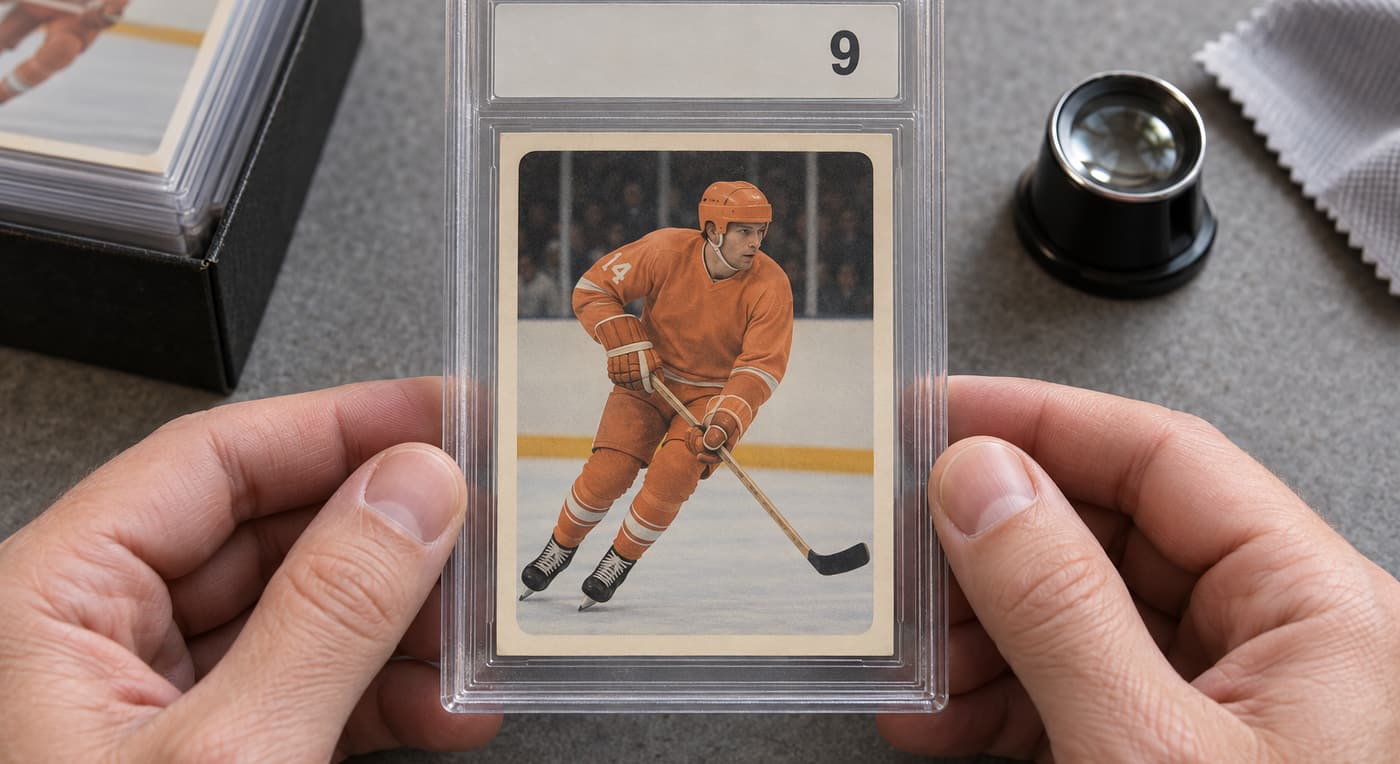 Händer håller ett hockeykort i en genomskinlig hållare med betyget 9 bredvid en lupp.