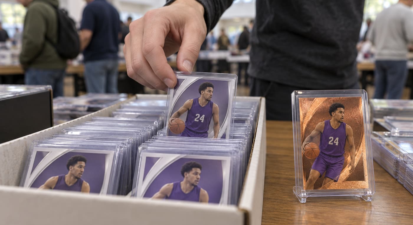 A collector selects a base basketball card from a box beside a displayed copper-foil version.
