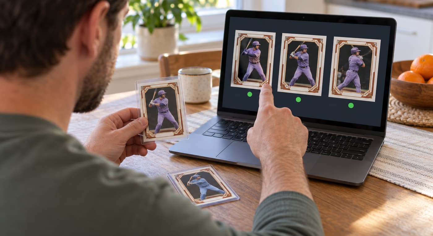 A collector compares a sleeved baseball card with similar card images on a laptop.