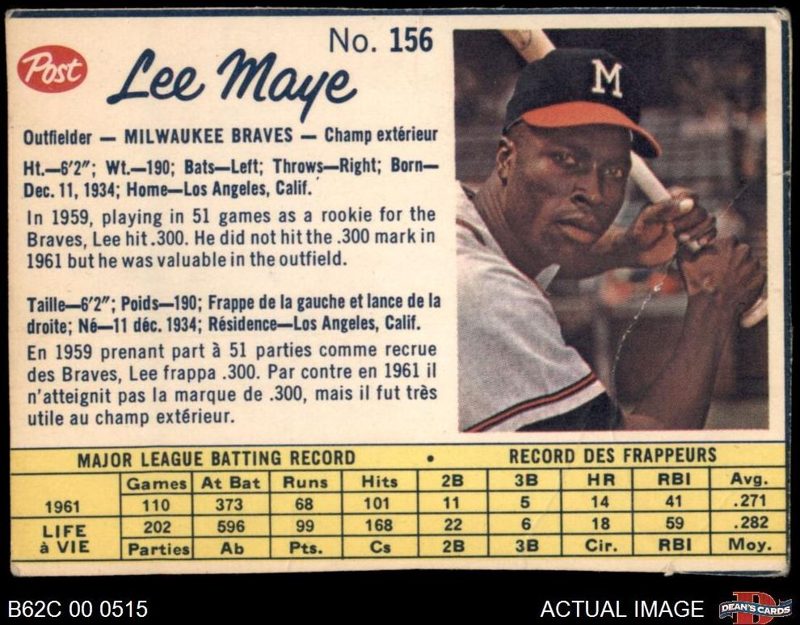 Lee Maye, 1962 Post Canadian Baseball