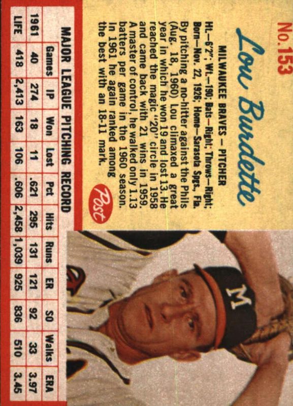 Lou Burdette, 1962 Post Cereal Baseball