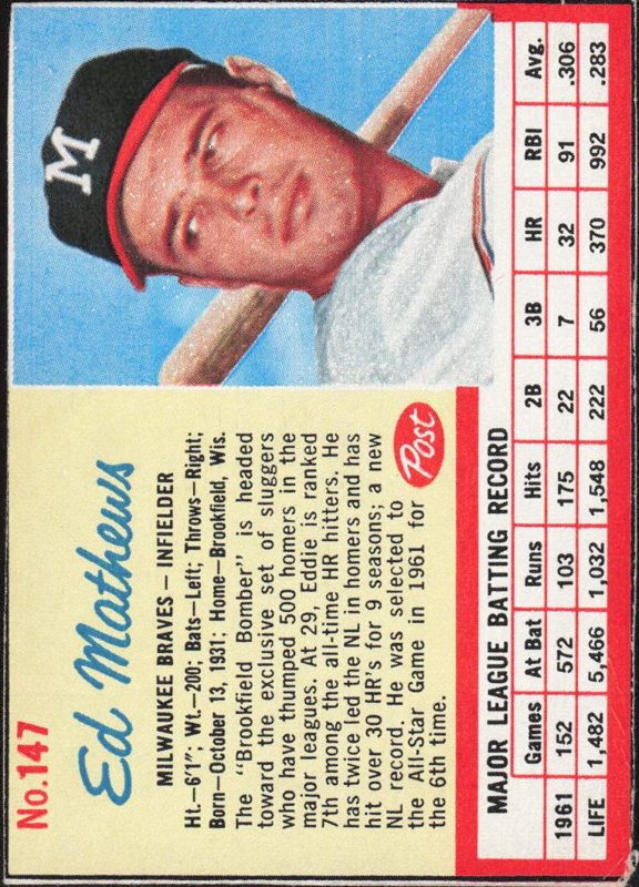 Eddie Mathews, 1962 Post Cereal Baseball