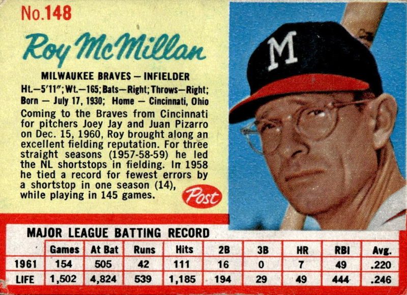 Roy McMillan, 1962 Post Cereal Baseball