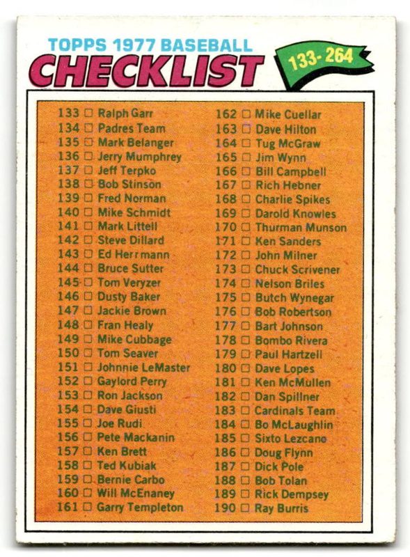 Checklist 133-264, 1977 Topps Baseball